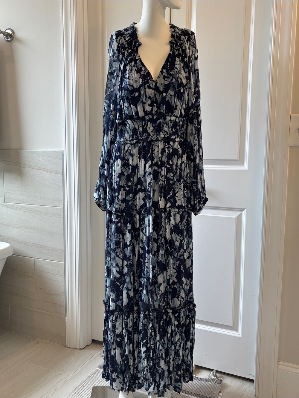 Rails Navy and White Floral Ruffled V-Neck Maxi Dress
